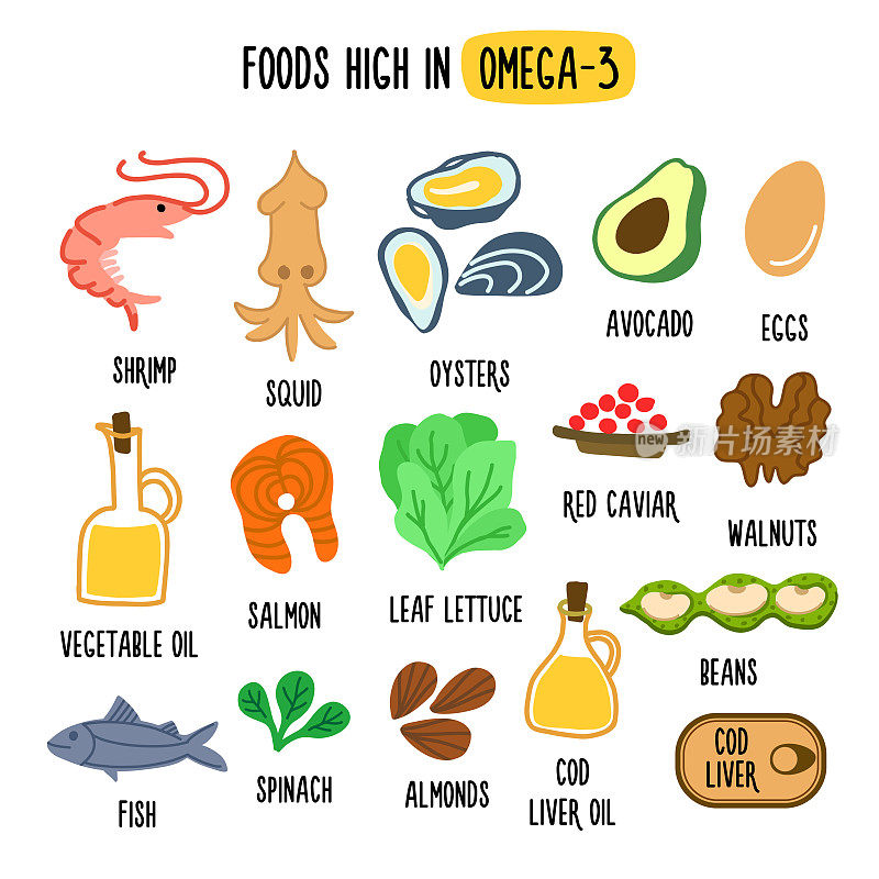 富含欧米茄3的食物矢量插图与健康食品富含维生素OMEGA 3。有机食品系列